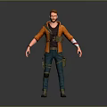 Adventurous Human Character In Orange Jacket Black Shirt Green Pants With Tactical Gear Straps