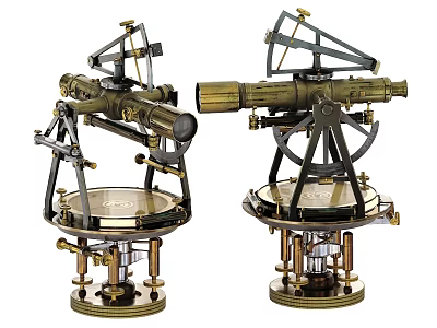 Vintage Scientific Instruments With Brass Telescope And Metallic Base Structure 3d model