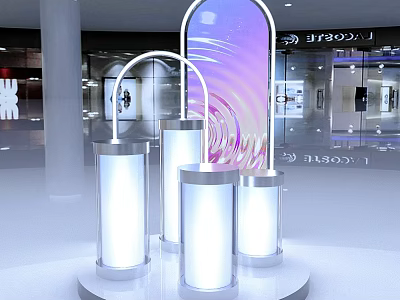 Modern Art Installation With Curved Structure And Illuminated Cylinders In Exhibition Hall 3d model