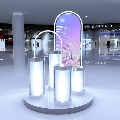 Modern Art Installation With Curved Structure And Illuminated Cylinders In Exhibition Hall 3d model