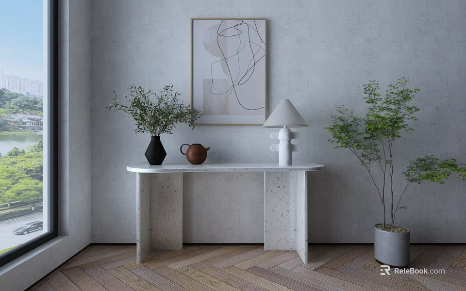 Modern White Stone Console Table With Abstract Painting Green Plants And Wooden Floor 3d model 