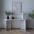 Modern White Stone Console Table With Abstract Painting Green Plants And Wooden Floor