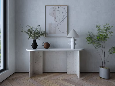 Modern White Stone Console Table With Abstract Painting Green Plants And Wooden Floor 3d model
