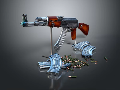 Detailed AK Rifle With Wooden Stock Grip Metal Barrel Magazines And Bullets On Display Stand 3d model