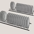 Dinnerware Set With White Plates Neatly Arranged On Black Kitchen Racks