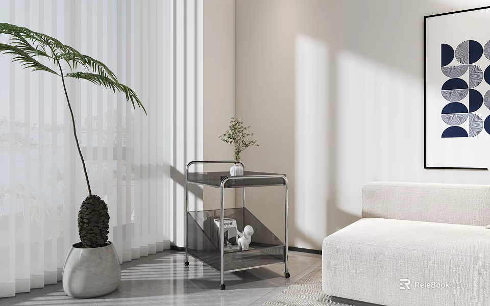 Modern Living Room Interior With Beige Sofa Metal Side Table Large Plant And Decorative Painting 3d model 
