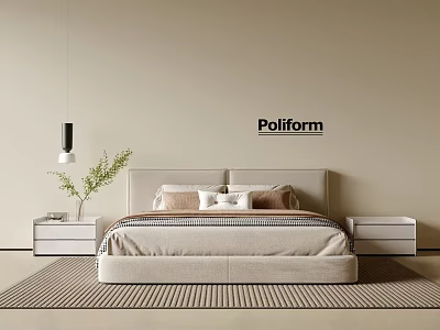Modern Poliform Double Bed With Light Headboard And Nightstands Plant Pendant Light On Striped Rug 3d model