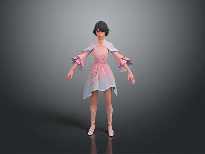 Pink Gradient Women's Dress With Ruffled Sleeves And Decorative Details 3d model