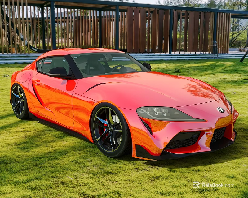 Orange Sleek Sports Car With Black Wheels Parked On Green Grass Outdoor 3d model 
