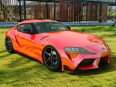 Orange Sleek Sports Car With Black Wheels Parked On Green Grass Outdoor 3d model