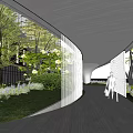 Modern Sales Office Building With Curved Roof Greenery And Surrounding High Rise Buildings