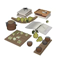 Modern Decorative Ornament Set With Wooden Trays Pear Figurines Glass Teapot Books And Chessboard