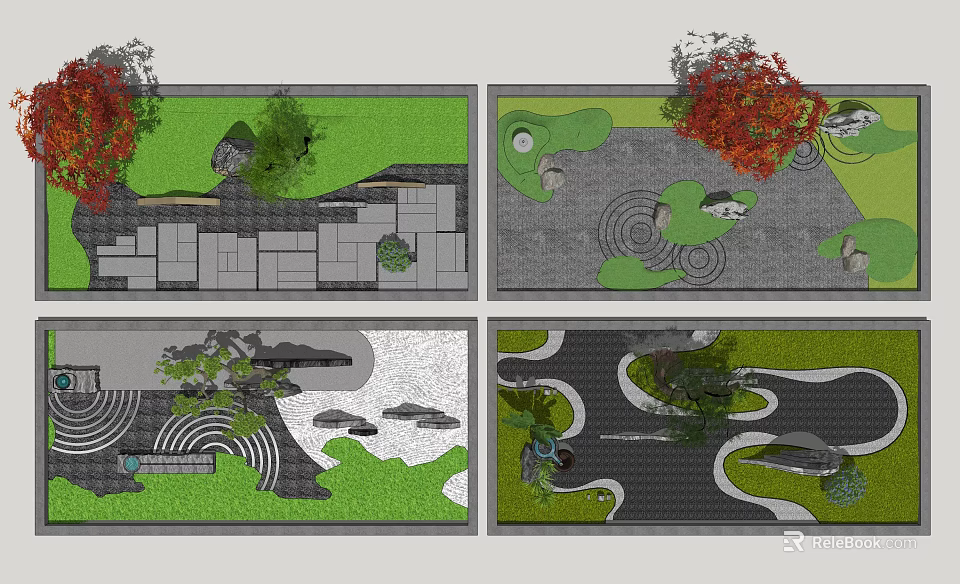 Courtyard Garden Design With Paved Path Water Features Plants And Stones 3d model 