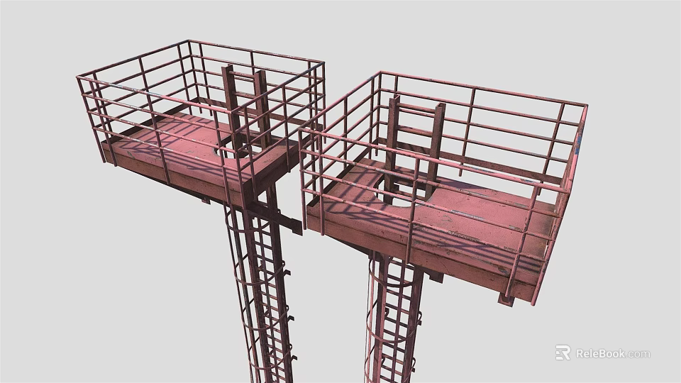 Durable Dual Industrial Metal Platforms with Safety Railings and Ladder Structures 3d model 