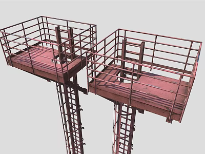 Durable Dual Industrial Metal Platforms with Safety Railings and Ladder Structures 3d model