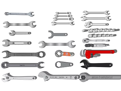 Hardware Tools Set Including Various Wrenches Adjustable Pipe and Open End Types 3d model