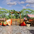 Scenic Park Landscape with Wooden Arbor Vines Giant Strawberry Models Fruit Stall and Green Trees