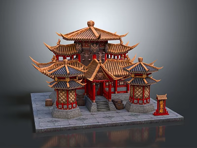 Cartoon Scene Chinese Traditional Pagoda With Golden Roof Red Pillars And Stone Base 3d model