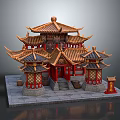 Cartoon Scene Chinese Traditional Pagoda With Golden Roof Red Pillars And Stone Base