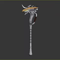Fantasy Character Weapon Staff With Horned Creature Design And Red Stripes