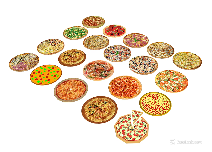 Assorted Colorful Pizzas Displayed in Circular Arrangement With Various Toppings And Crusts 3d model 