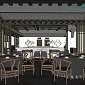 Traditional Chinese Restaurant Interior With Courtyard Skylight Grey Brick Walls Round Tables And Wooden Chairs
