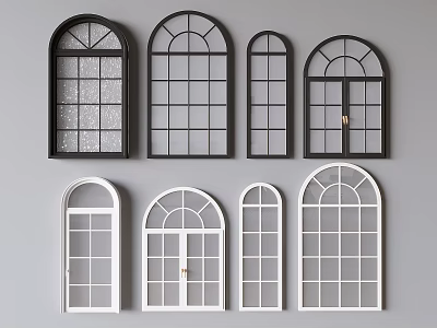 Black and White Arched Casement Windows with Grid Design in Various Sizes 3d model