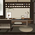 Traditional Japanese Tea Room Interior With Wooden Furniture Tatami Mat And Tea Sets