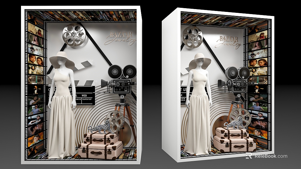 Vintage Themed Store Window Display With Mannequin Long Dress Film Reel Movie Camera And Suitcases 3d model 
