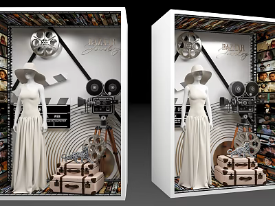 Vintage Themed Store Window Display With Mannequin Long Dress Film Reel Movie Camera And Suitcases 3d model