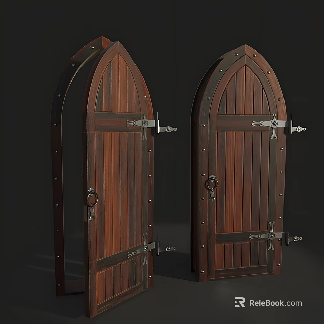 Rustic Arch Top Wooden Barn Door With Metal Hardware And Hinges Handles 3d model 