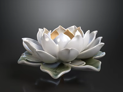White Ceramic Lotus Decorative Ornament Set With Green Leaves Base 3d model