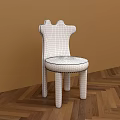 White Upholstered Dining Chair With Unique Backrest Rounded Legs Against Brown Wall Herringbone Wood Floor