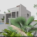 Modern Two Story Detached Villa Exterior With Large Glass Windows Palm Trees And Front Gate