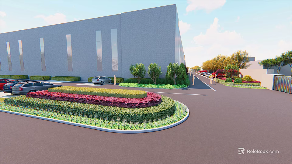 Modern Road Infrastructure With Circular Flower Beds Parking Area And Greenery At Commercial Building 3d model 