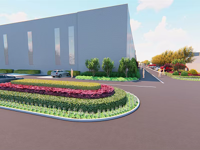 Modern Road Infrastructure With Circular Flower Beds Parking Area And Greenery At Commercial Building 3d model