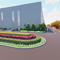 Modern Road Infrastructure With Circular Flower Beds Parking Area And Greenery At Commercial Building