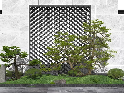 Feature Wall With Intricate Perforated Pattern And Pine Trees On Lush Lawn 3d model