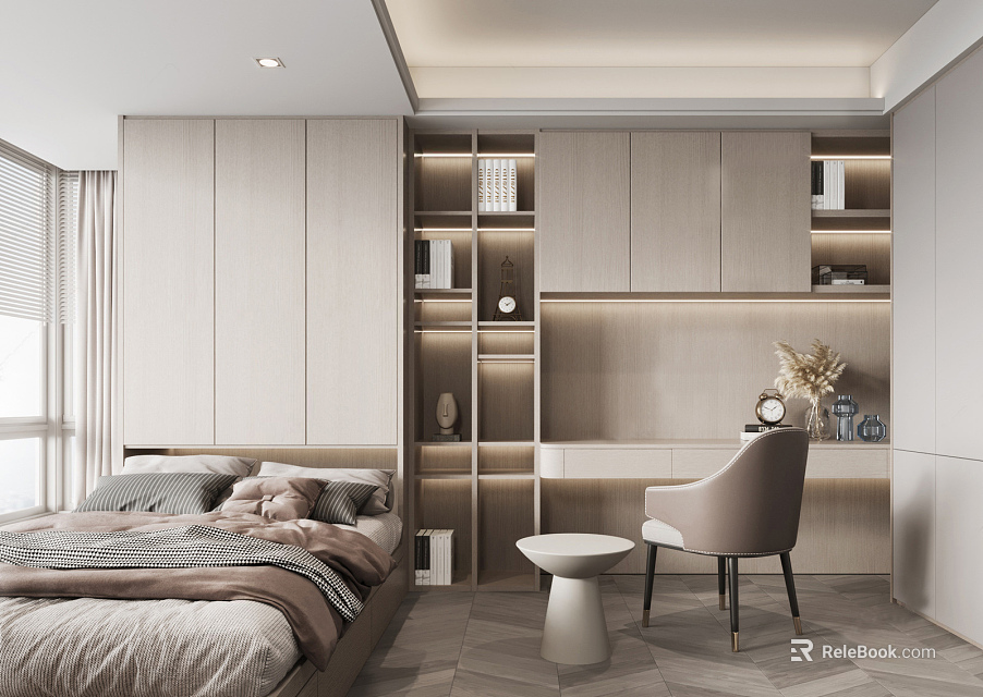 Modern Minimalist Tatami Bedroom Interior Design With Storage Bookshelves Desk And Natural Light 3d model 