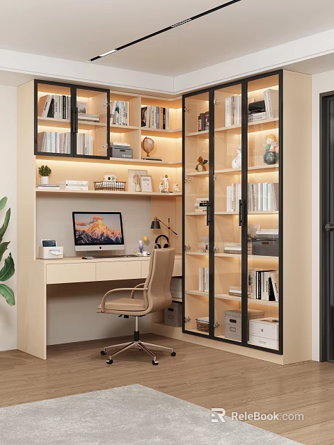 Modern Home Study Room Interior With Bookshelves Computer Office Chair Table Lamp And Green Plant 3d model 