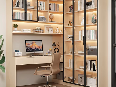 Modern Home Study Room Interior With Bookshelves Computer Office Chair Table Lamp And Green Plant 3d model