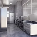 Bright Commercial Kitchen With Stainless Steel Worktables Refrigerators Oven Windows And Range Hood