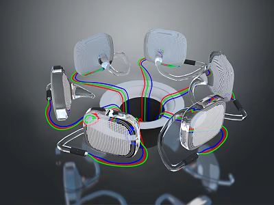 Modern Transparent Tech Devices With Colorful Connecting Wires In Circular Arrangement Around Central Hub 3d model