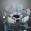 Modern Transparent Tech Devices With Colorful Connecting Wires In Circular Arrangement Around Central Hub