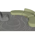 Stylish Curved Sofa Set Design With Light Colored Upholstery Gray Armchair And Patterned Rug
