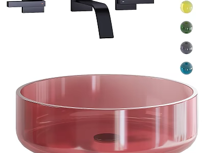 Transparent Red Glass Washbasin With Black Faucet And Colorful Decorative Balls 3d model