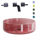 Transparent Red Glass Washbasin With Black Faucet And Colorful Decorative Balls
