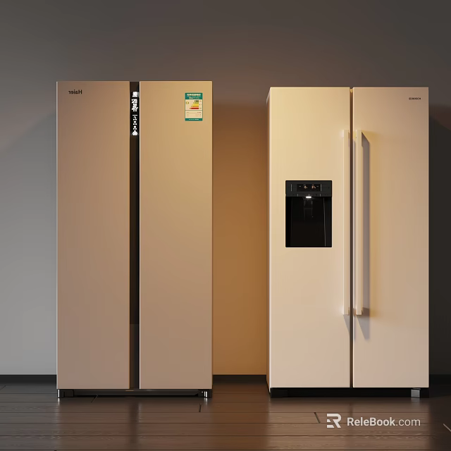Two Modern Double Door Refrigerators with Digital Display Sticker Black Window Long Handle Beige Design 3d model 