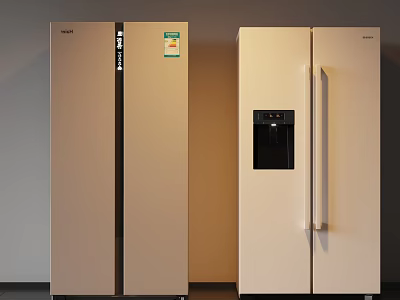 Two Modern Double Door Refrigerators with Digital Display Sticker Black Window Long Handle Beige Design 3d model