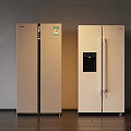 Two Modern Double Door Refrigerators with Digital Display Sticker Black Window Long Handle Beige Design